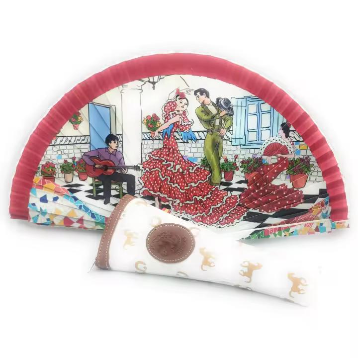 Abanico de Mano Plegable con Funda. Preciosos Dibujos de bailaores de Flamenco. Abanico Flamenco con Funda de Lona de Alta Calidad y Fabricada en España - 1
