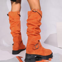 Botas De Rodilla Altas Cómodas Y Elegantes Con Diseño Redondo Y Hebilla Cierre Fácil Para Mujer Estilizada Con Forro De Peluche Material De La Parte Superior De Terciopelo Suave Para Uso Casual - details 23