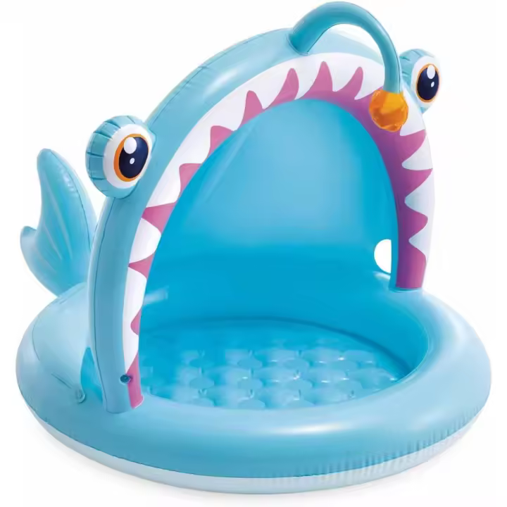 ntex Piscina Infantil Hinchable Angler Fish, 127x102x86 cm, con Parasol, Suelo Acolchado, Diseño de pez abisal en 3D, Capacidad 45 L, para niños 1-3 años, Vinilo Resistente - 1