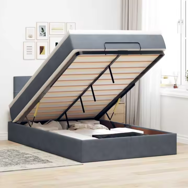 Estructura cama otomana colchón terciopelo gris oscuro - 1