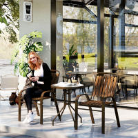 Outsunny Conjunto Jardín Exterior de 3 Piezas Juego de Muebles de Jardín con 2 Sillas Apilables Mesa con Encimera de Vidrio Templado y Estructura de Acero para Terraza Patio Balcón Marrón Oscuro - details 1