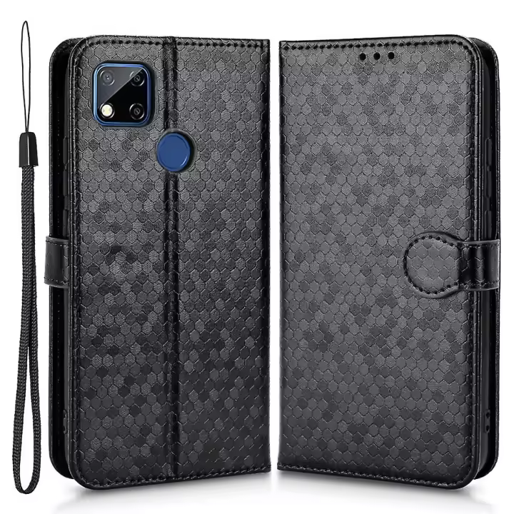 Para Xiaomi Redmi 10A/Redmi 9C Polka Dot Flip Funda de Cuero Negro - 1