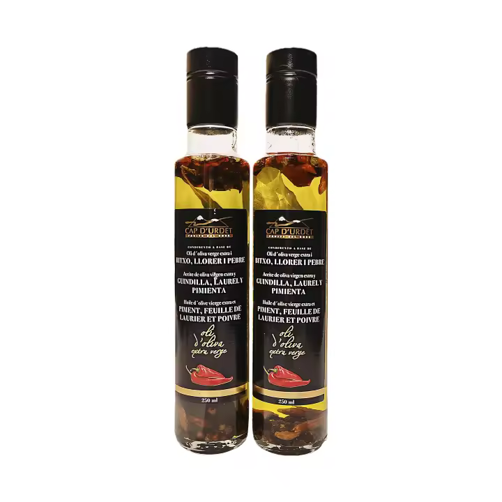 Aceite de oliva virgen extra picante con guindilla, laurel y pimienta de Cap d'urdet. (Pack de 2 unidades de 250 ml) - 1