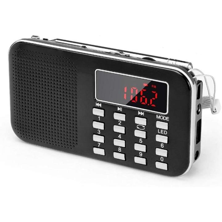 Mini radio portátil de bolsillo FM con linterna LED, altavoz de radio digital compatible con tarjeta Micro SD/TF/USB, escaneo automático y guardado, funciona con batería recargable de 600 mAh