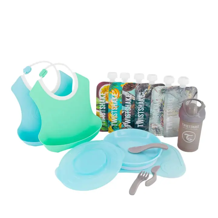 Twistshake Baberos Azul + Mantel + Plato + 2 Cubiertos + Crawler Cup + 6 Bags Pack - 1