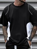 Camiseta De Hombre De Verano 2025 Trendy Con Parches Y Bloques De Color Sólido Cuello En Cuerda Corta Transpirable Top Pullover - details 1