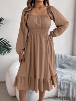 Vestido A-Line De Mujer Elegante Otoño Invierno Color Sólido Cuello Cuadrado Manga Larga Volantes Vestido Midi Casual Polyester Spandex - details 34