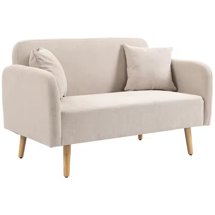 HOMCOM Sofá de 2 plazas, sofá con 2 cojines, sofá doble tapizado, sofá tapizado aspecto terciopelo, reposabrazos, loveseat para salón, dormitorio, 130 x 70 x 80 cm, crema - 1
