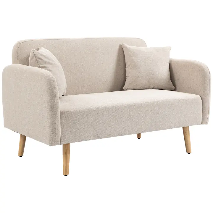 HOMCOM Sofá de 2 plazas, sofá con 2 cojines, sofá doble tapizado, sofá tapizado aspecto terciopelo, reposabrazos, loveseat para salón, dormitorio, 130 x 70 x 80 cm, crema - 1