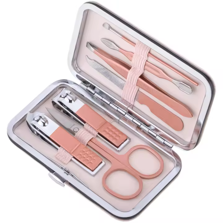 Kit de estuche de manicura y pedicura profesional set de 7 accesorios de acero inoxidable color Oro rosa - PrimeMatik - 1