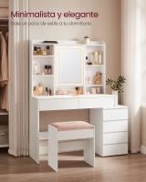 Tocador moderno con luces led ajustables, mesa de maquillaje con espejo, compartimentos y estantes ajustables, blanco nube - details 3