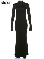 Vestido Largo Elegante Kliou Para Mujer Con Corte En La Espalda Y Cuello En O Estilo Clásico De Calle Mayor Con Mangas Largas Y Corte Bodycon - details 1