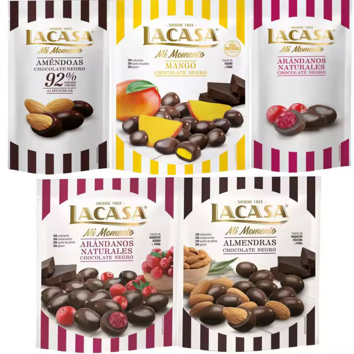 Lacasa Mi Momento pack de 5:Arándano Chocolate Negro ,Almendra 92% ,Arándano Chocolate Negro ,Almendra Chocolate Negro ,Mango Chocolate Negro - 1