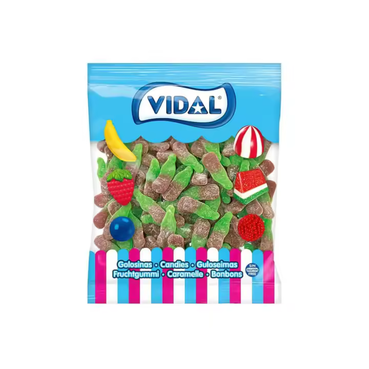 Vidal Botellas Cola con Azúcar - Bolsa de 1kg - Gominolas, chucherías sin gluten y sin grasa - 1