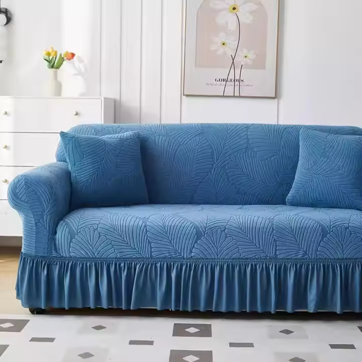 Funda de sofá con faldón Jacquard Funda de sofá con Brazos Cobertura Total elástica Adecuada para sofás con Huecos Protector de Muebles(Azul,4 plazas) - 1