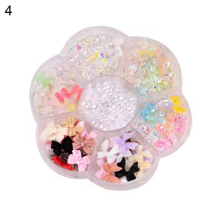 caja de osos con lazo 3D y perlas sintéticas para uñas, manualidades DIY, decoraciones creativas para uñas, dijes con diseños novedosos para decoración de uñas, collares, pulseras y joyas. - 1