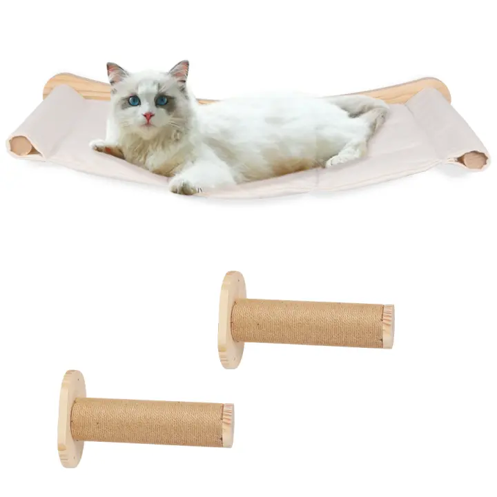 Hamaca para gatos de 3 piezas, escalera para gatos, pared, 2 vigas de sisal, marco de madera para gatos - 1