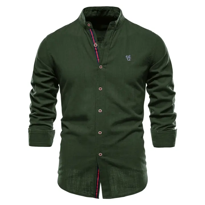 Camisa delgada de primavera y verano, camisa de manga larga de color sólido de negocios de moda para hombres de estilo japonés informal de algodón y lino para hombres (talla de EE. UU.) - 1