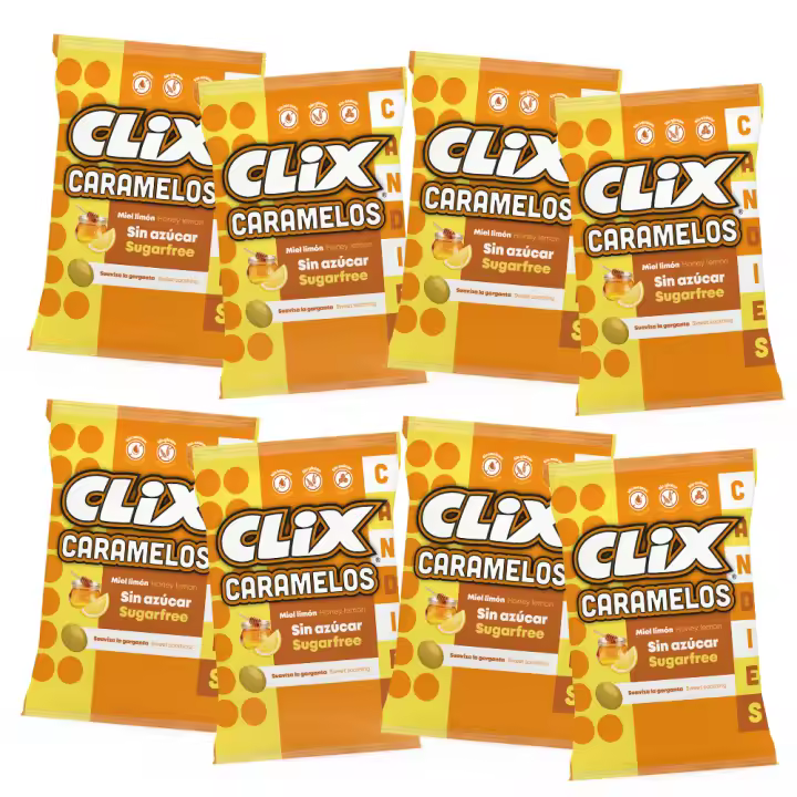 Clix Caramelos - Pack de 8 bolsas de 10 caramelos - Caramelos sin azúcar, sin gluten, sin lactosa - sabor a miel y limón - 1