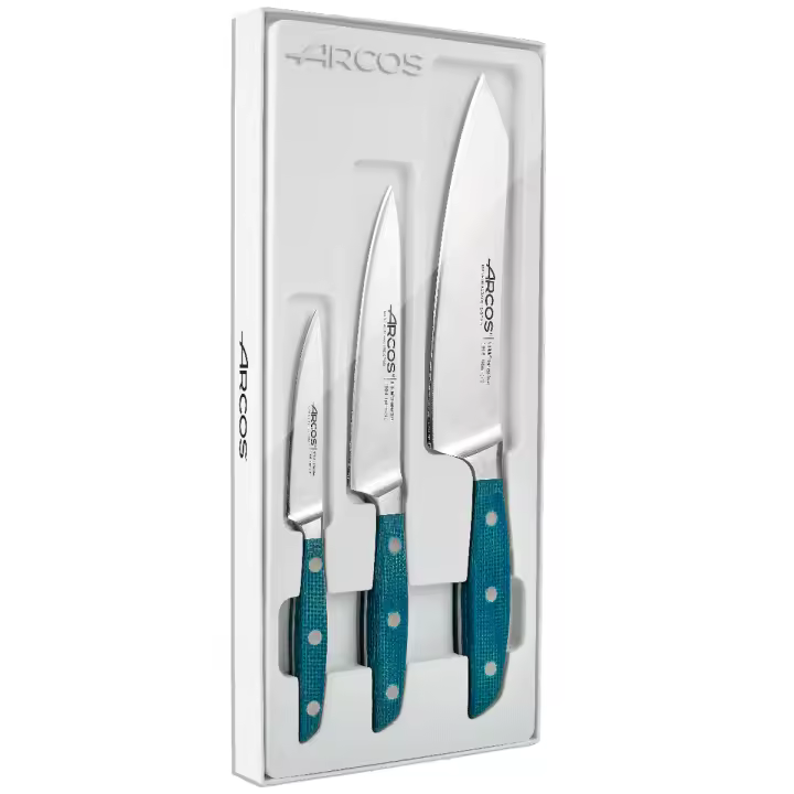 ARCOS Brooklyn - Set de 3 Cuchillos (100 / 150 / 190 mm) - Hoja de Acero Inoxidable Forjado Nitrum® - Mango de Micarta Tonos Azulados - Estuche Regalo - 1