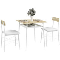 HOMCOM Conjunto de Mesa y Sillas de Comedor de 3 Piezas Mesa de Cocina con 2 Sillas sin Brazos Mesa Rectangular con Estante Abierto Estructura de Acero Blanco y Roble - details 0
