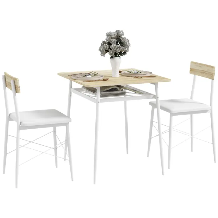 HOMCOM Conjunto de Mesa y Sillas de Comedor de 3 Piezas Mesa de Cocina con 2 Sillas sin Brazos Mesa Rectangular con Estante Abierto Estructura de Acero Blanco y Roble - 1