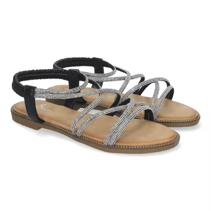 Davinia Shoes Sandalias Planas de Verano para Mujer, Elegantes y Comodas, con Tiras Entrecruzadas y Adornos Brillantes. Shoes&Blues.es TF6016-Negro - 1