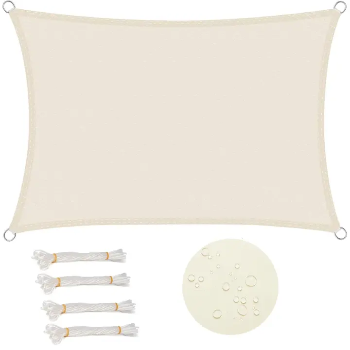 Vela de Sombra rectangular de 3x5 m, impermeable, anti-UV (93% resistente a Agua, Viento, poliéster, Protección UV), crema - 1