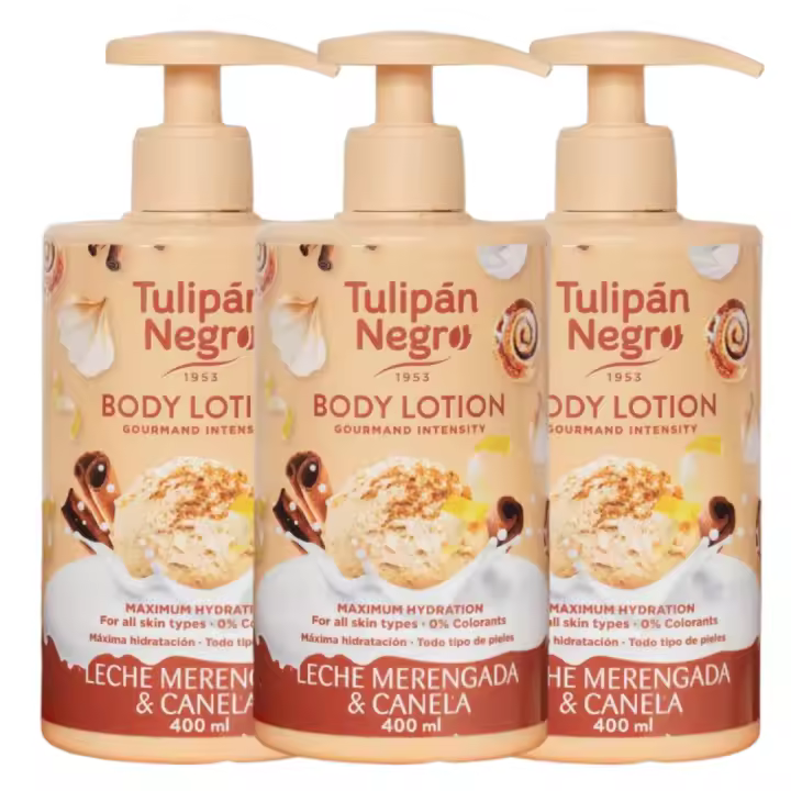 Pack 3 leche corporal tulipán negro canela y leche merengue 400ml. Hidratación intensa, suavidad y un aroma cálido y reconfortante para tu piel. ideal para el cuidado diario y una sensación de bienestar. - 1