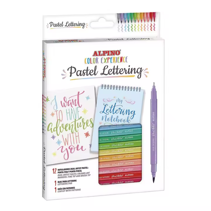 Alpino - Kit Pastel Lettering 12 Rotuladores Dual Artist, 1 Libreta de Lettering y 1 Guía con Patrones  Diversidad de Colores  Creatividad sin Límites  Lettering creativo - 1