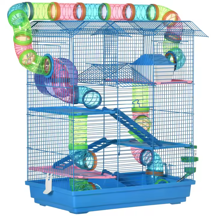 PawHut Jaula para Hámster Hábitat para Animales Pequeños de Múltiples Niveles con 4 Plataformas Bebedero Rueda de Ejercicio Escaleras Sistema de Tubos 47x30x59 cm Azul - 1