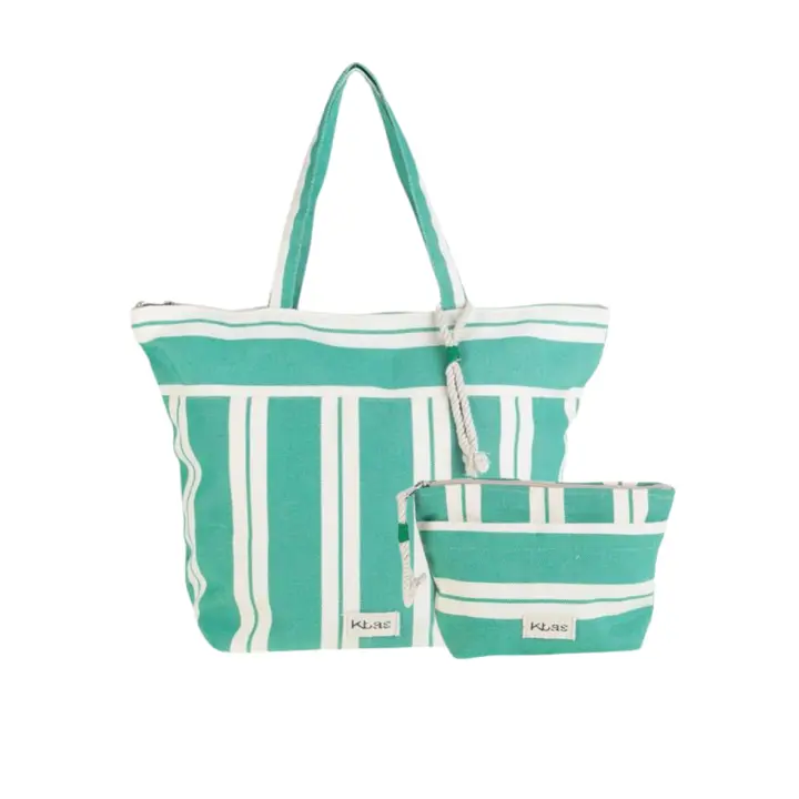 PACK BOLSO DE PLAYA Y NECESER DE LONA CON CREMALLERA – RAYAS VERDE Y BLANCO - 1