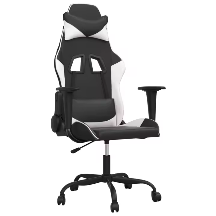 Silla Gaming de Masaje Negro y Blanco con Material Duradero y Cuero Sintético Resistente a las Manchas - 1