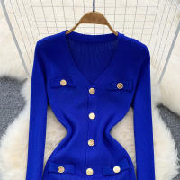 Vestido Midi De Punto REALEFT Para Mujer Con Cuello En V Manga Larga Y Falda Frontal Solta Estilo Casual Color Sólido Otoño Invierno - details 29