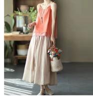 Falda A-Line De Lino Verde Casual Cintura Alta Elástica Para Mujer Larga Hasta La Rodilla Moda Otoño 2024 Estilo Suelto - details 8