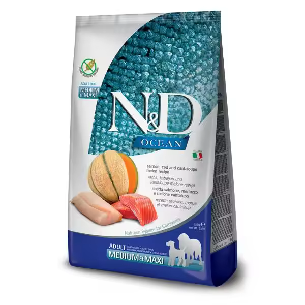 FARMINA N&D DOG OCEAN SALMON BACALAO MEDIUM MAXI 12KG / Alimento completo para perros adultos - 1