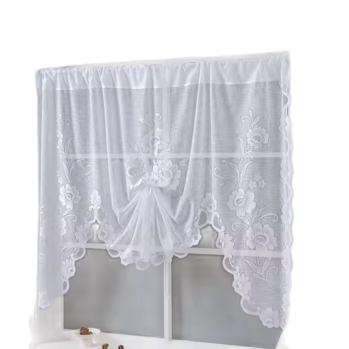 Cortina Corta Blanca Con Tres Flores Para Sala De Estar Cortina De Ventana Con Cuerda Para Sujetar Estilo Japonés Y Coreano 100% Poliéster - 1