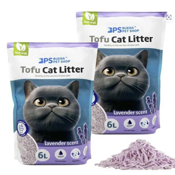 Arena aglomerante gato de tofu | Lavanda |  6L/12L  BPS  Elaborada con ingredientes de origen vegetal | Arena para gatos con Control de olores  Arena para gatos apta para desecharse en el Inodoro  Arena Biodegradable | Pellets gato - 1