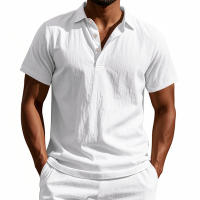 Camisa POLO de manga corta con solapa y botones, informal, de lino, transpirable, estilo británico, de verano para hombre - details 5
