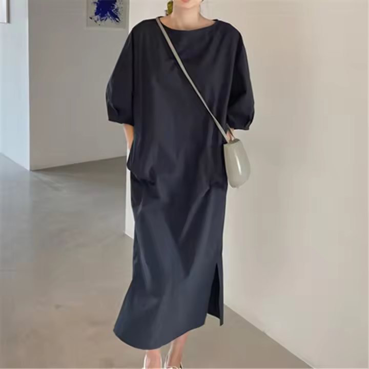 Vestido De Lino REALEFT Para Mujer Verano 2024 Minimalista Retro De Cuello Redondo Manga Media Casual Vestido Recto Hasta La Rodilla - 1