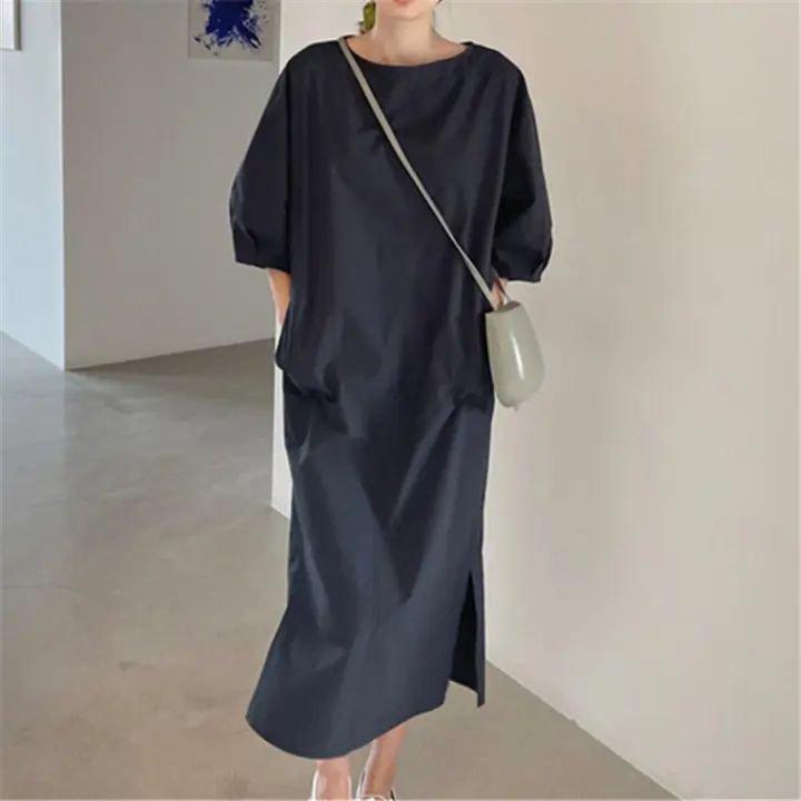 Vestido De Lino REALEFT Para Mujer Verano 2024 Minimalista Retro De Cuello Redondo Manga Media Casual Vestido Recto Hasta La Rodilla - 1