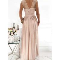 Mujeres color sólido una línea delgada V cuello sin mangas encaje patchwork backless split Maxi vestido largo - details 2