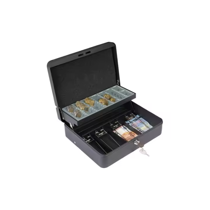 ARREGUI Cashier Clip C9244-EUR Caja Caudales con Llave para Contar y Transportar Dinero | Caja de Seguridad de acero con bandeja organizador de Monedas y clips Billetes | Caja fuerte portatil | Negro - 1