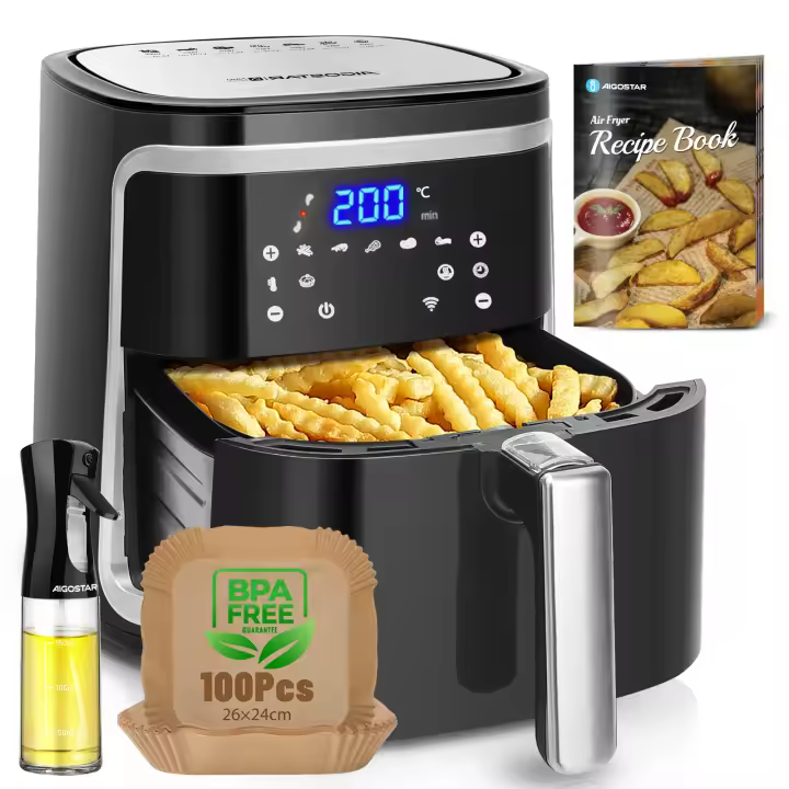 Combo Freidora de Aire Inteligente 1900W 7L + 100 Hojas Papel para Freidora de Aire, Conexión Wifi, 7 Funciones Preestablecidas, Panel LED Táctil, Pulverizador Aceite Spray, Recetario, BPA-Free, AIGOSTAR - 1
