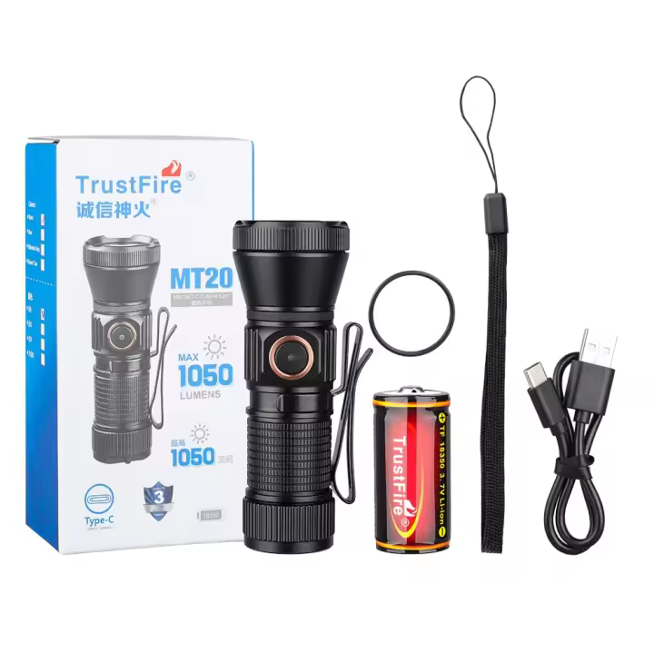 Linterna LED Recargable Trustfire MT20 1050LM Tipo C USB Mini Con Luz De Trabajo 18350 Magnete En La Cola Distancia De Iluminación 200-500 M Impermeable Aluminio Negro - 1