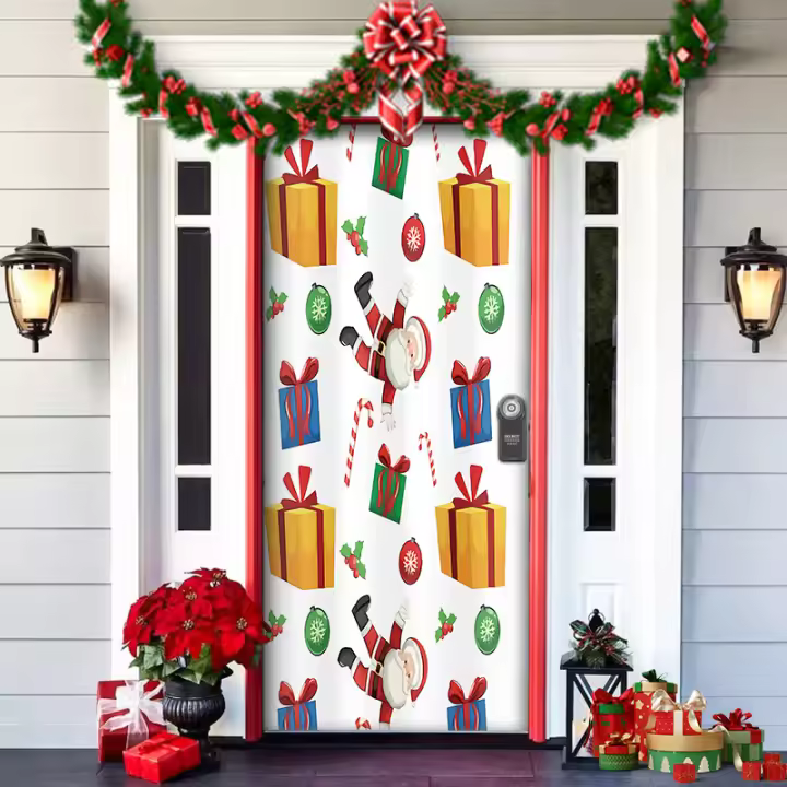 Decoración navideña para puertas, tela de fondo estilo Grinch, cubrepuertas de Navidad, colgante para fiestas de Año Nuevo y tapiz decorativo para puertas--91 cm de ancho x 203 cm de alto (poliéster) - 1