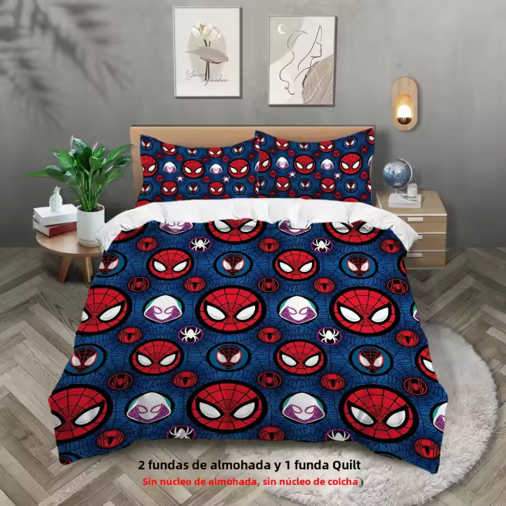 Juego De Sábanas De Poliéster 90gsm 3 Piezas Con Estampado De Rostro De Dibujos Animados Rojo Y Tejido De Hilo Tat Para Cama - 1