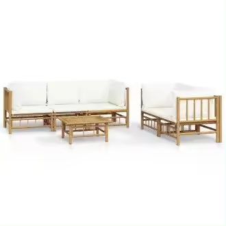 VIDAXL 3155186 set de sofás y mesa para jardín de 6 piezas fabricado en bambú con cojines de color blanco vida xl - 1
