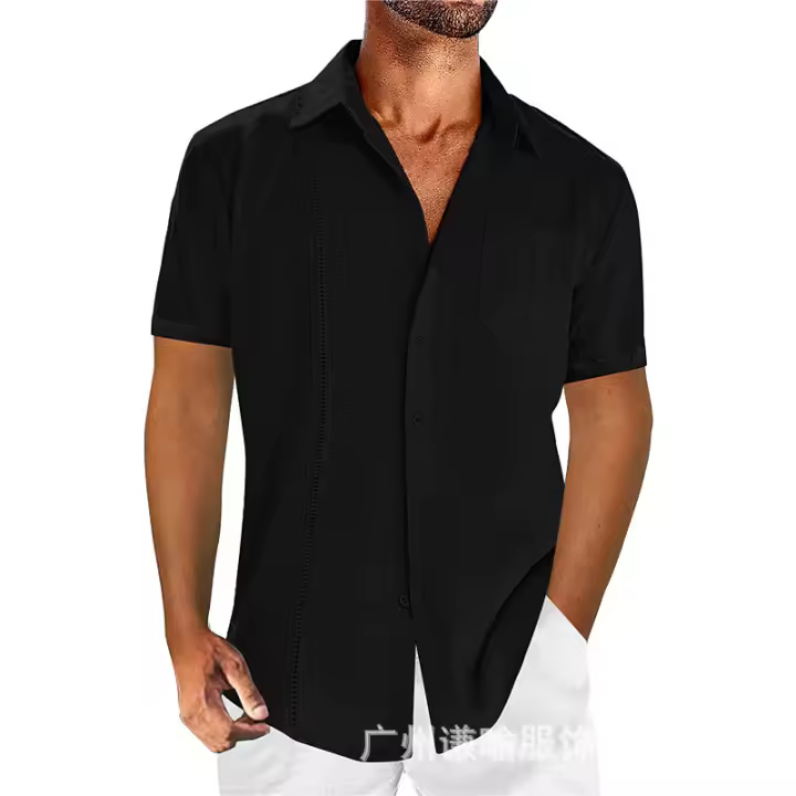 Summer casual solid color lace men's short-sleeved cotton and linen shirt - 1