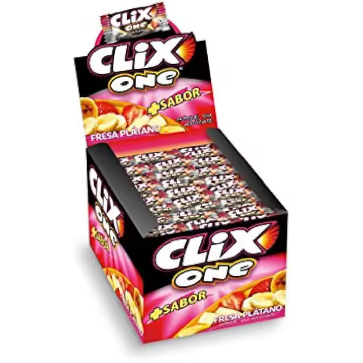 CHICLE SIN AZUCAR - CLIX Sabor FRESA PLATANO - Caja de 200 Unidades - SIN GLUTEN - 1